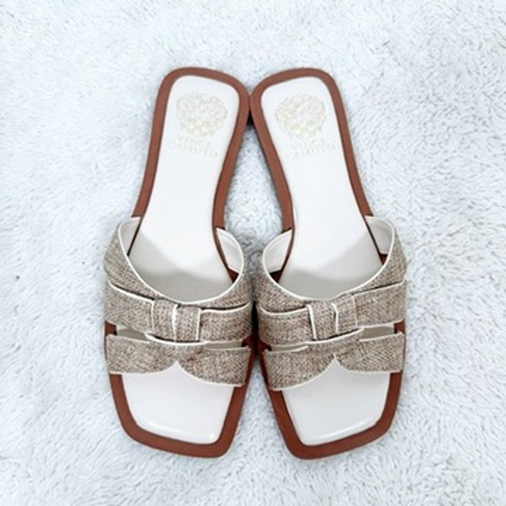 Vince Camuto Slip on Sandals Tan Woven Flats Byrdy Beachy Resort Cruise Size 7M - Picture 4 of 8